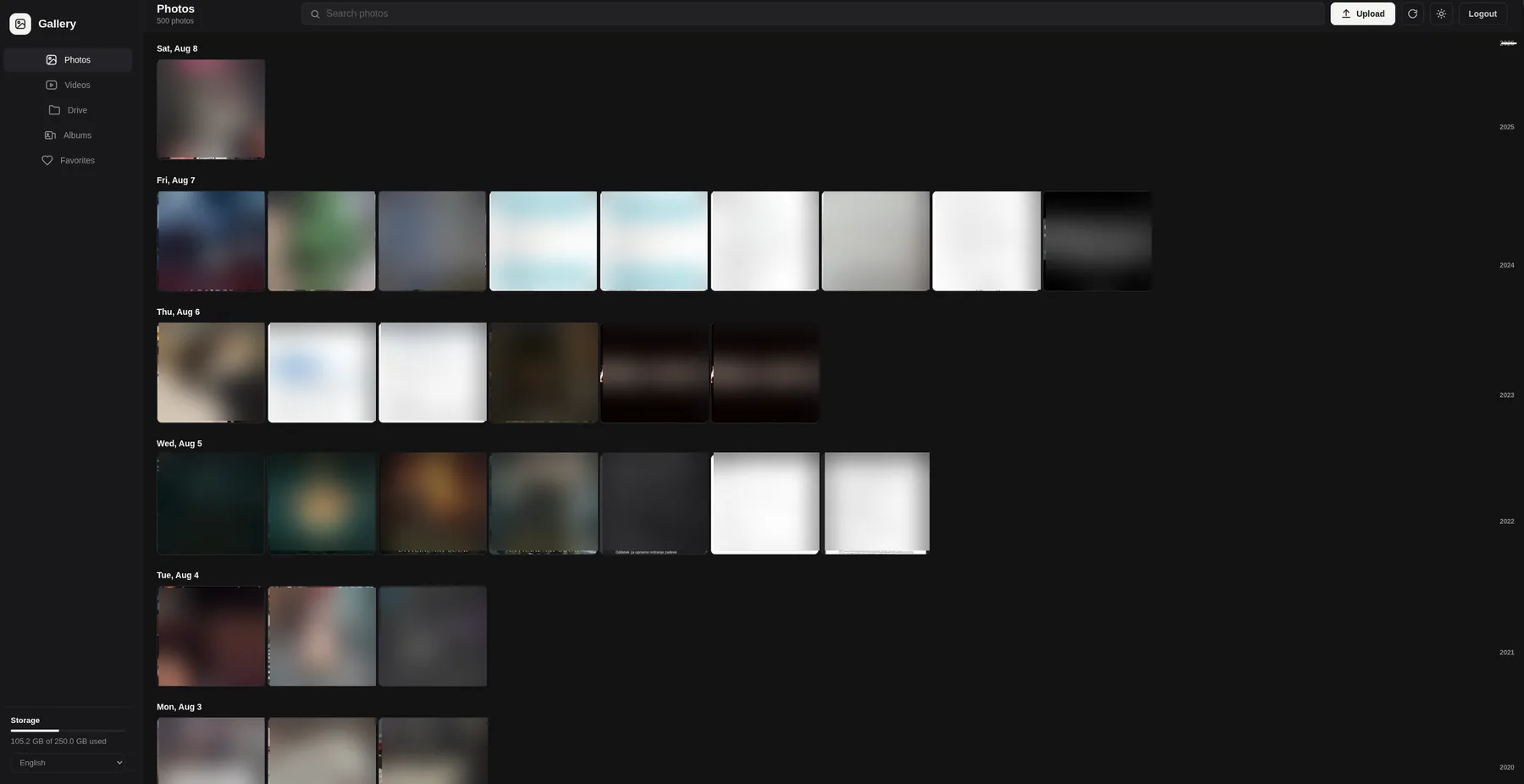 The web app: photos grouped by date, with the year scrubber on the right.