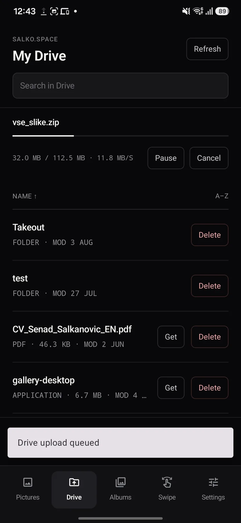 Android app, Drive: a 112 MB zip uploading, with pause and cancel.