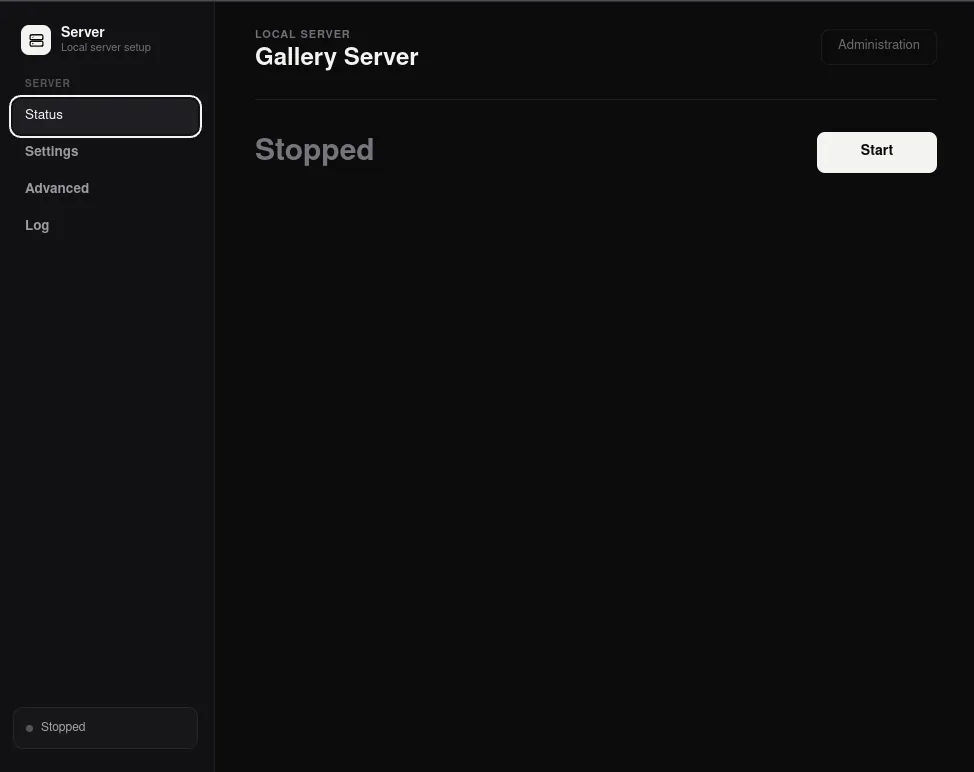 The server app before setup: status Stopped, with a Start button.