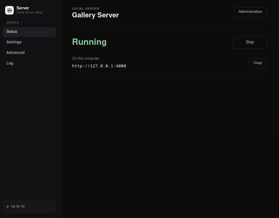 The server app running, showing the local address of the gallery.