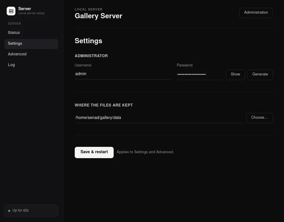 Server settings: admin username and password, and the folder where files are kept.