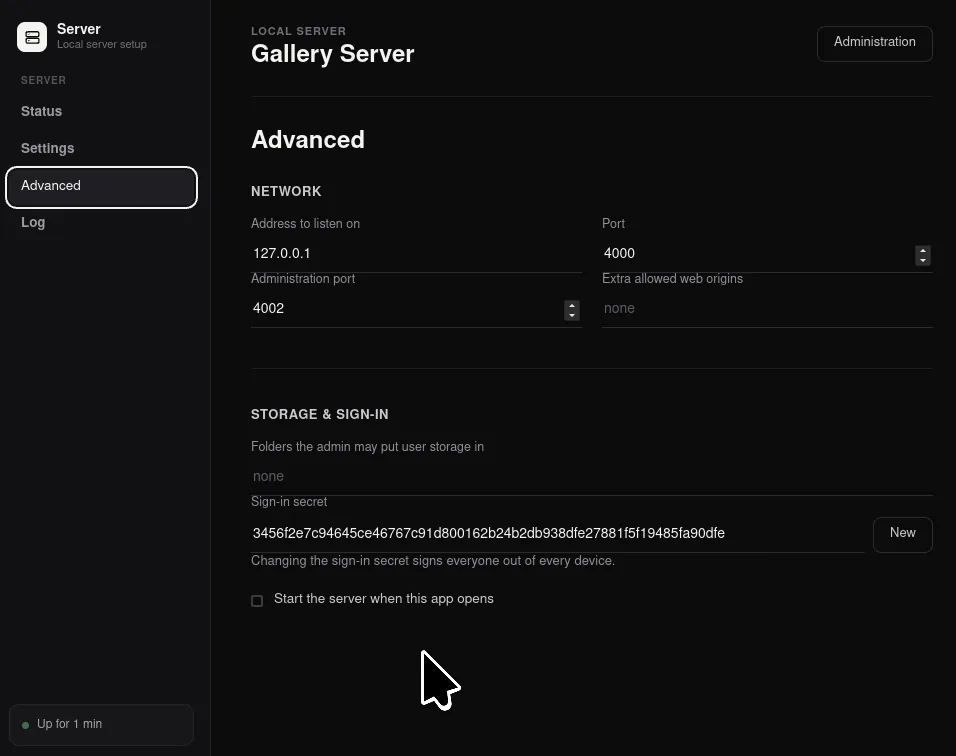 Advanced settings: listen address, ports, allowed web origins and the sign-in secret.